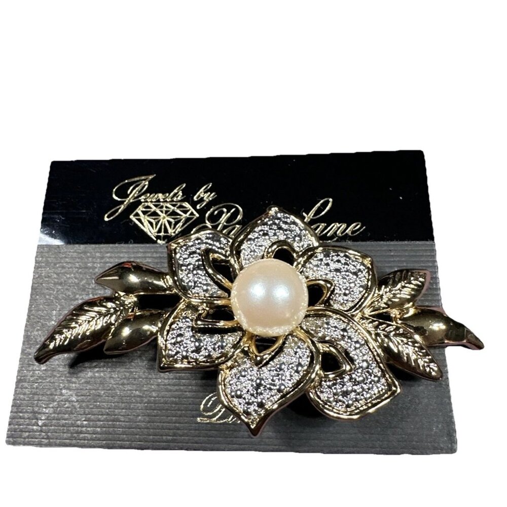 Vintage Park Lane Pave Rhinestone Floral Faux Pearl Goldtone Statement Brooch